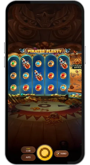Pirates Plenty base game showing five reels filled with card suit and rum bottle symbols with the locked Treasure Reel map visible on the right side
