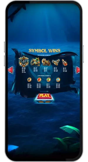 Pirates Plenty paytable screen listing all top paying and low paying symbols with their payout multipliers displayed on a dark scroll against an underwater scene