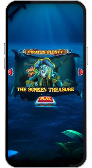 Pirates Plenty The Sunken Treasure intro screen showing the ghost captain character and a glowing play button against an underwater background
