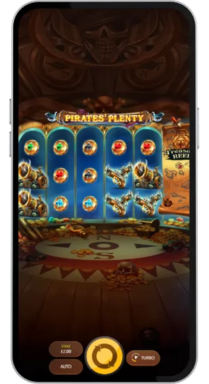 Pirates Plenty base game with pistol symbols appearing across all five reels alongside card suit coins and the Treasure Reel meter on the right