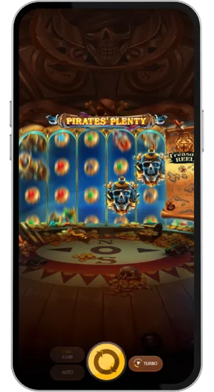 Pirates Plenty reels mid spin with two large skull symbols landing on the fourth and fifth reels while remaining positions show blurred symbols